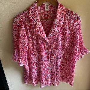 Paisley Crinkle Button-down Boho Blouse. White, Orange Fuscia. Large